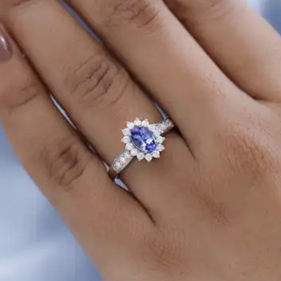 Spectacular Tanzanite Moissanite Sunburst Platinum over Sterling Silver Ring - Picture 4 of 10